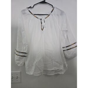 PRANA - WHITE COTTON PEASANT BLOUSE SHIRT w/EARTHY COLORS TRIM - WOMENS XS